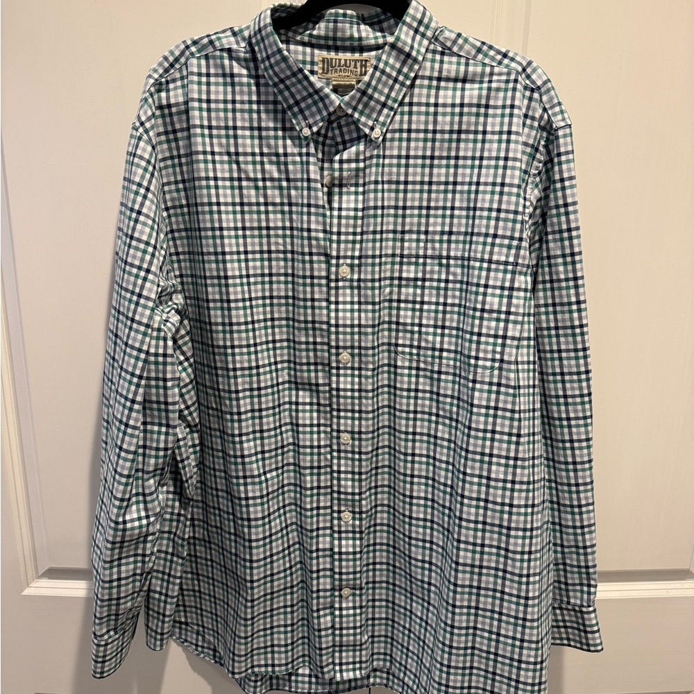 Duluth Trading Co Men's Blue and White Checkered Shirt